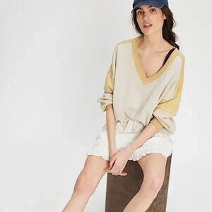 Free People We The Free First Base V-Neck Sweatshirt Ribbed Cropped Top L